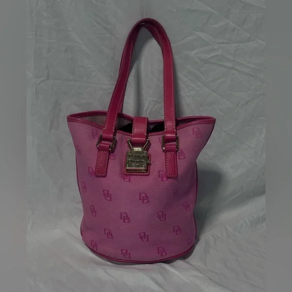 Vintage Dooney Bourke  North South bright pink logo bucket bag leather trim EUC - Picture 2 of 14